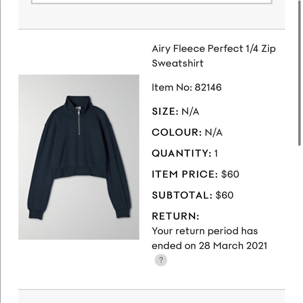 Aritzia TNA airy perfect fleece 1/4 zip sweatshirt in NAVY blue